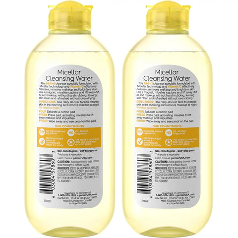 Garnier Micellar Water with Vitamin C, Facial Cleanser & Makeup Remover, Brightening & Hydrating, For All Skin Types, Vegan, Cruelty Free, 13.5 Fl Oz (400mL), 2 Count
