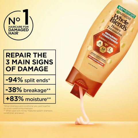 Garnier Whole Blends Honey Treasures Repairing Conditioner, for Dry, Damaged Hair, 22 Fl Oz, 2 Count (Packaging May Vary)