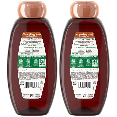 Garnier Whole Blends Smoothing Shampoo with Coconut Oil & Cocoa Butter for Frizzy Hair, Provides Up to 24 Hours of Anti-Frizz, Humidity Control and Smoothness, Vegan Formula, 22 fl oz, 2 Count