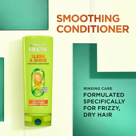 Garnier Fructis Sleek & Shine Shampoo and Conditioner Set with Anti-Frizz Serum for Frizzy Hair, Up to 72H of Frizz Control, Smooths Flyaways & Boosts Shine, 3 Items 29.6 Fl Oz (Packaging May Vary)
