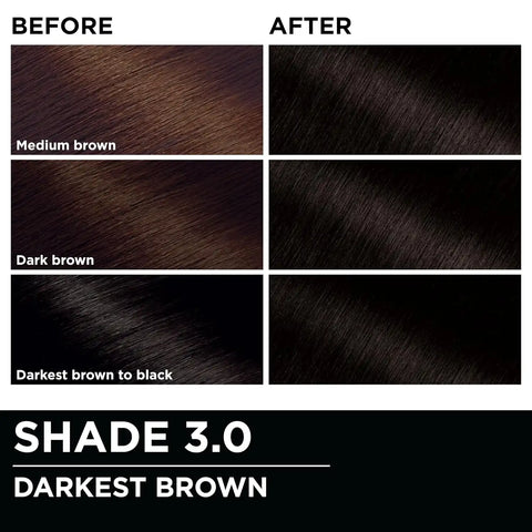 Garnier Olia Hair Color, Ammonia-Free Permanent Hair Dye, Oil-Powered Formula for 100% Gray Coverage and 3x Shinier Hair, Vegan & Cruelty Free, 3.0 Darkest Brown, 2 Count