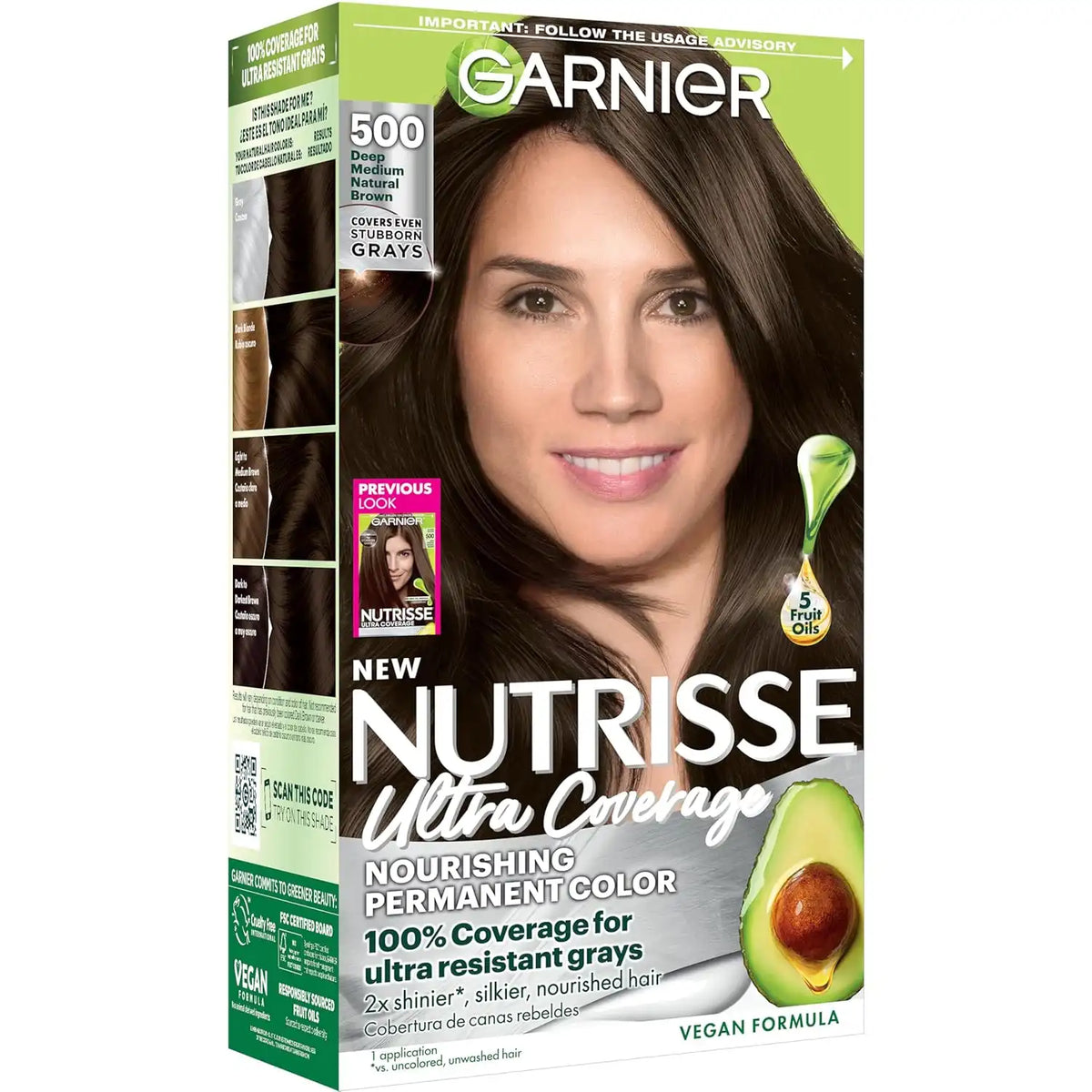 Garnier Nutrisse Ultra Coverage Hair Color, Permanent Hair Dye for Up to 8 Weeks of Stubborn Gray Coverage, Vegan & Cruelty-Free, 500 Deep Medium Natural Brown (Glazed Walnut), 1 Count