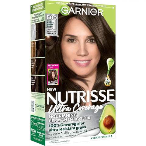 Garnier Nutrisse Ultra Coverage Hair Color, Permanent Hair Dye for Up to 8 Weeks of Stubborn Gray Coverage, Vegan & Cruelty-Free, 500 Deep Medium Natural Brown (Glazed Walnut), 1 Count