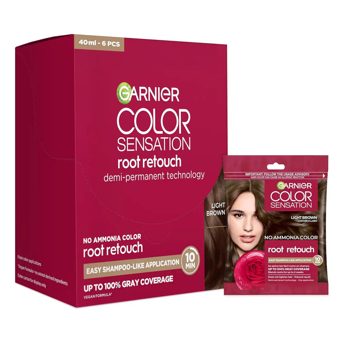 Garnier Color Sensation Root Retouch, Demi Permanent Hair Dye for Roots with 100% Gray Coverage and No Ammonia, Light Brown 6.0, Pack of 6 (Packaging May Vary)