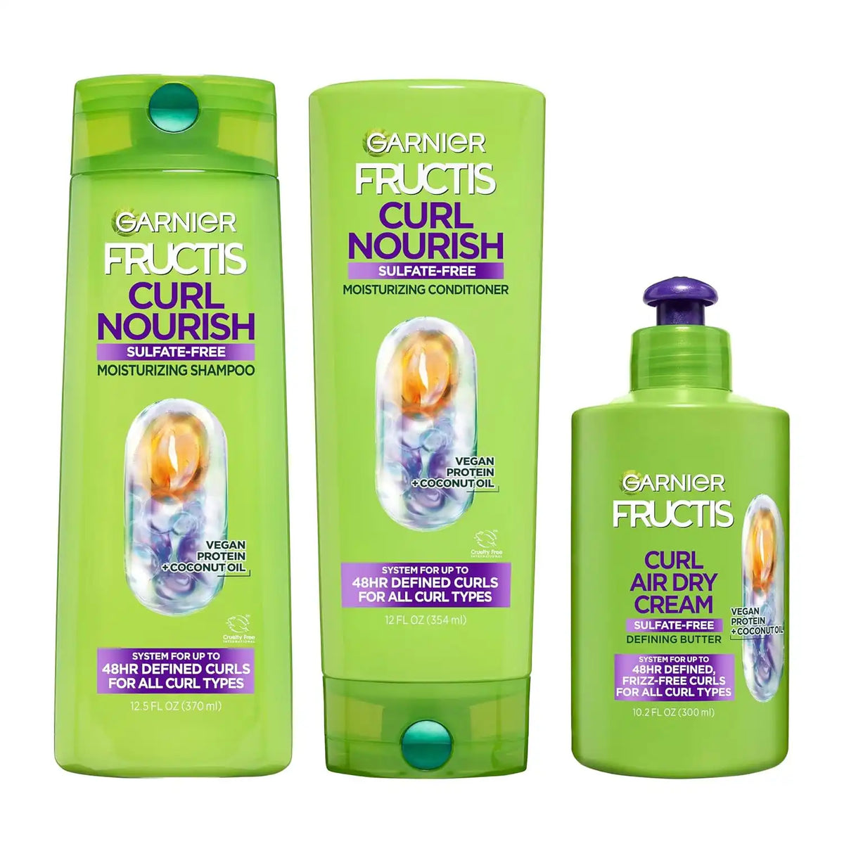 Garnier Fructis Curl Nourish Moisturizing Shampoo & Conditioner Set for Curly Hair with Air Dry Cream, Up to 48 Hours of Curl Definition, Sulfate Free & Vegan, 3 Items 34.7 Fl Oz (Packaging May Vary)