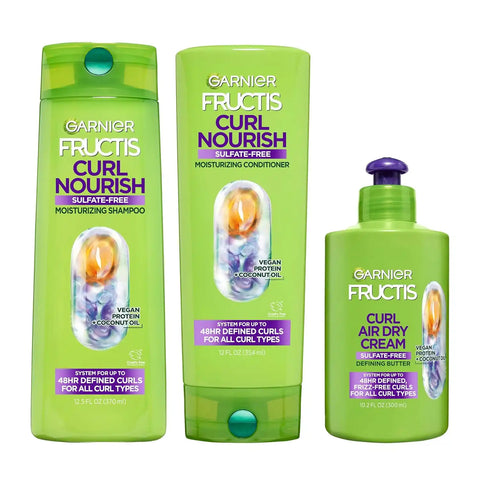 Garnier Fructis Curl Nourish Moisturizing Shampoo & Conditioner Set for Curly Hair with Air Dry Cream, Up to 48 Hours of Curl Definition, Sulfate Free & Vegan, 3 Items 34.7 Fl Oz (Packaging May Vary)