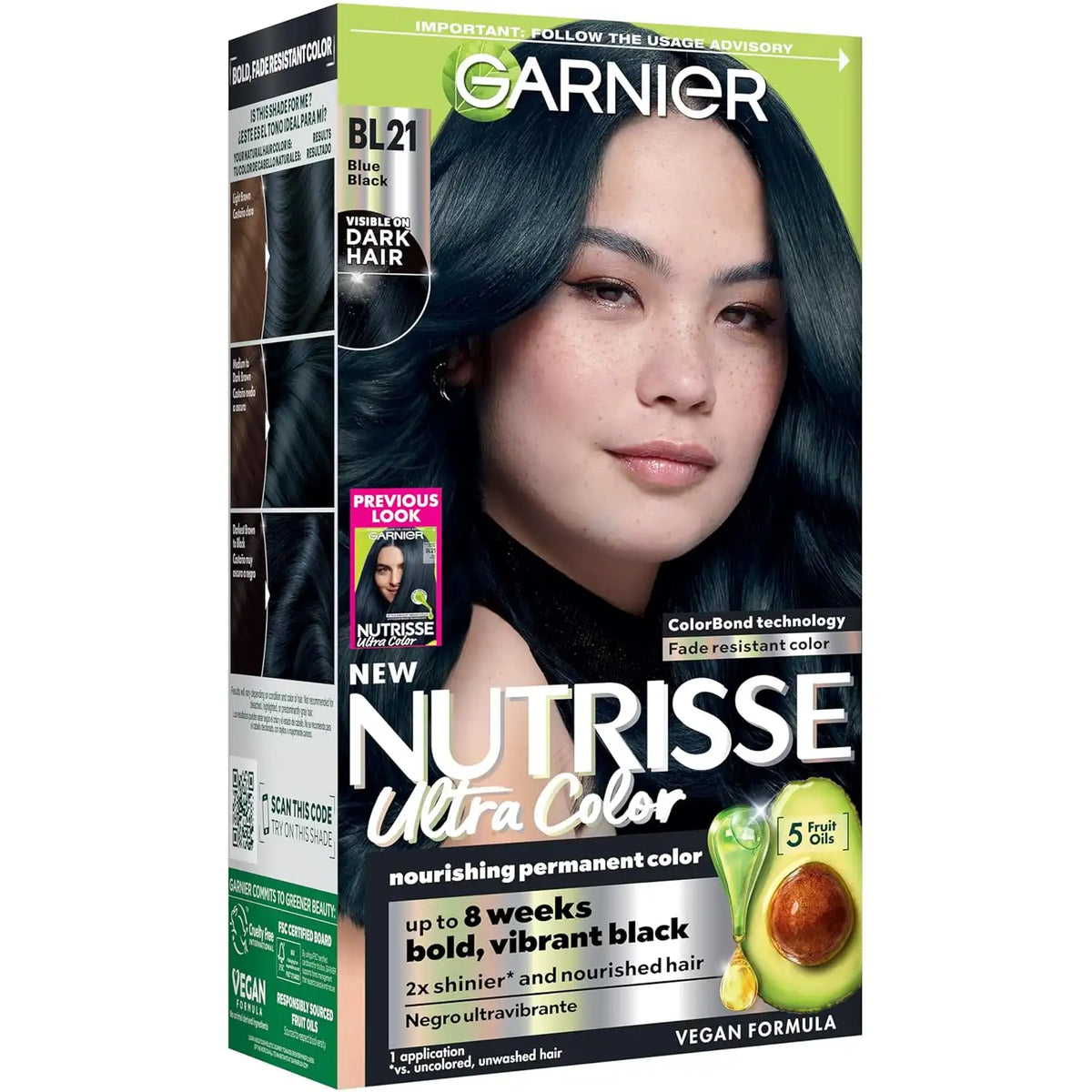 Garnier Nutrisse Ultra Color Hair Color, Permanent Hair Dye for Up to 8 Weeks of Bold, Vibrant, Fade-Resistant Results, Vegan & Cruelty-Free, BL21 Blue Black (Blackberry Mojito), 1 Count