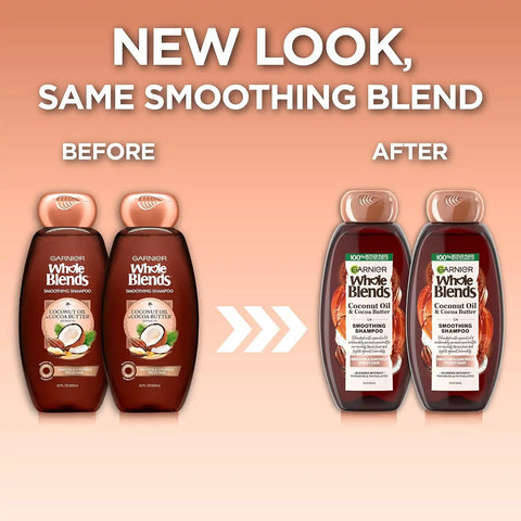 Garnier Whole Blends Smoothing Shampoo with Coconut Oil & Cocoa Butter for Frizzy Hair, Provides Up to 24 Hours of Anti-Frizz, Humidity Control and Smoothness, Vegan Formula, 22 fl oz, 2 Count