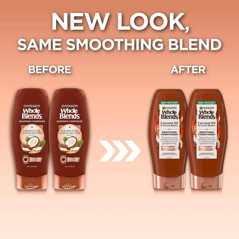 Garnier Whole Blends Smoothing Conditioner with Coconut Oil & Cocoa Butter for Frizzy Hair, Provides Up to 24 Hours of Anti-Frizz, Humidity Control and Smoothness, Vegan Formula, 22 fl oz, 2 Count