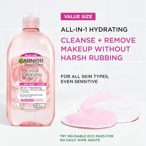 Garnier Micellar Water with Rose Water and Glycerin, Hydrating Facial Cleanser & Makeup Remover, For All Skin Types, Vegan, Cruelty Free, 23.7 Fl Oz (700mL), 1 Count