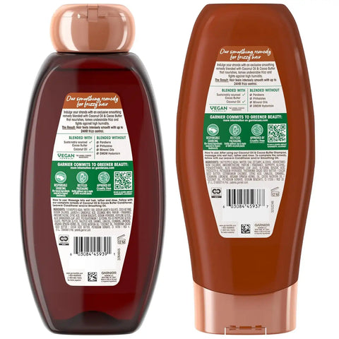 Garnier Whole Blends Smoothing Shampoo and Conditioner Set, Coconut Oil & Cocoa Butter for Frizzy Hair, Provides Up to 24HRs of Frizz & Humidity Control & Smoothness, Vegan Formula, 44 Fl Oz Set