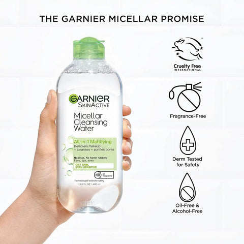 Garnier Micellar Water for Oily Skin, Facial Cleanser & Makeup Remover, Mattifying, For All Skin Types, Vegan, Cruelty Free, 13.5 Fl Oz (400mL), 2 Count
