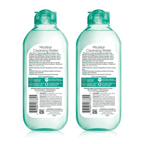 Garnier Micellar Water with Hyaluronic Acid, Facial Cleanser & Makeup Remover, Hydrating and Plumping, For All Skin Types, Vegan, Cruelty Free, 13.5 Fl Oz (400mL), 2 Count