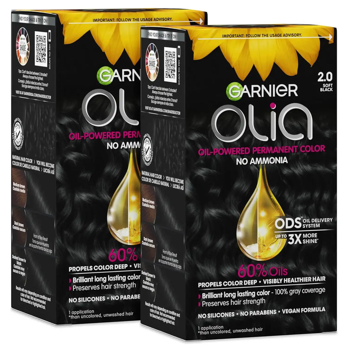 Garnier Olia Hair Color, Ammonia-Free Permanent Hair Dye, Oil-Powered Formula for 100% Gray Coverage and 3x Shinier Hair, Vegan & Cruelty Free, 2.0 Soft Black, 2 Count