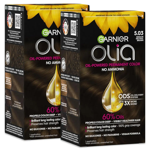 Garnier Olia Hair Color, Ammonia-Free Permanent Hair Dye, Oil-Powered Formula for 100% Gray Coverage and 3x Shinier Hair, Vegan & Cruelty Free, 5.03 Medium Neutral Brown, 2 Count