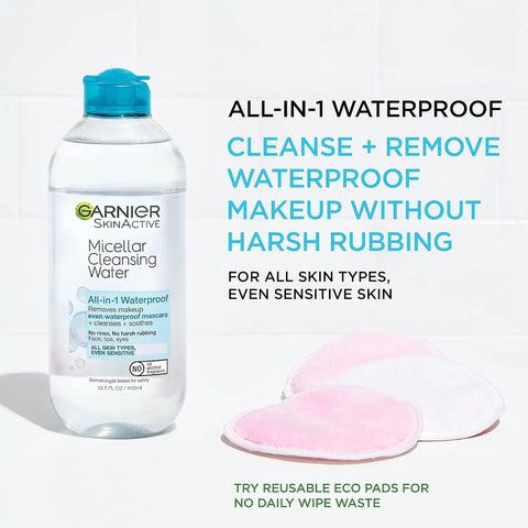 Garnier Back to School Bundle | Waterproof Micellar Water (400ml), EcoPads, Fructis Sleek & Shine Shampoo (22 fl oz), Conditioner (21 fl oz) + 10-in-1 Treatment (8.1 oz), 5 Items (Packaging May Vary)
