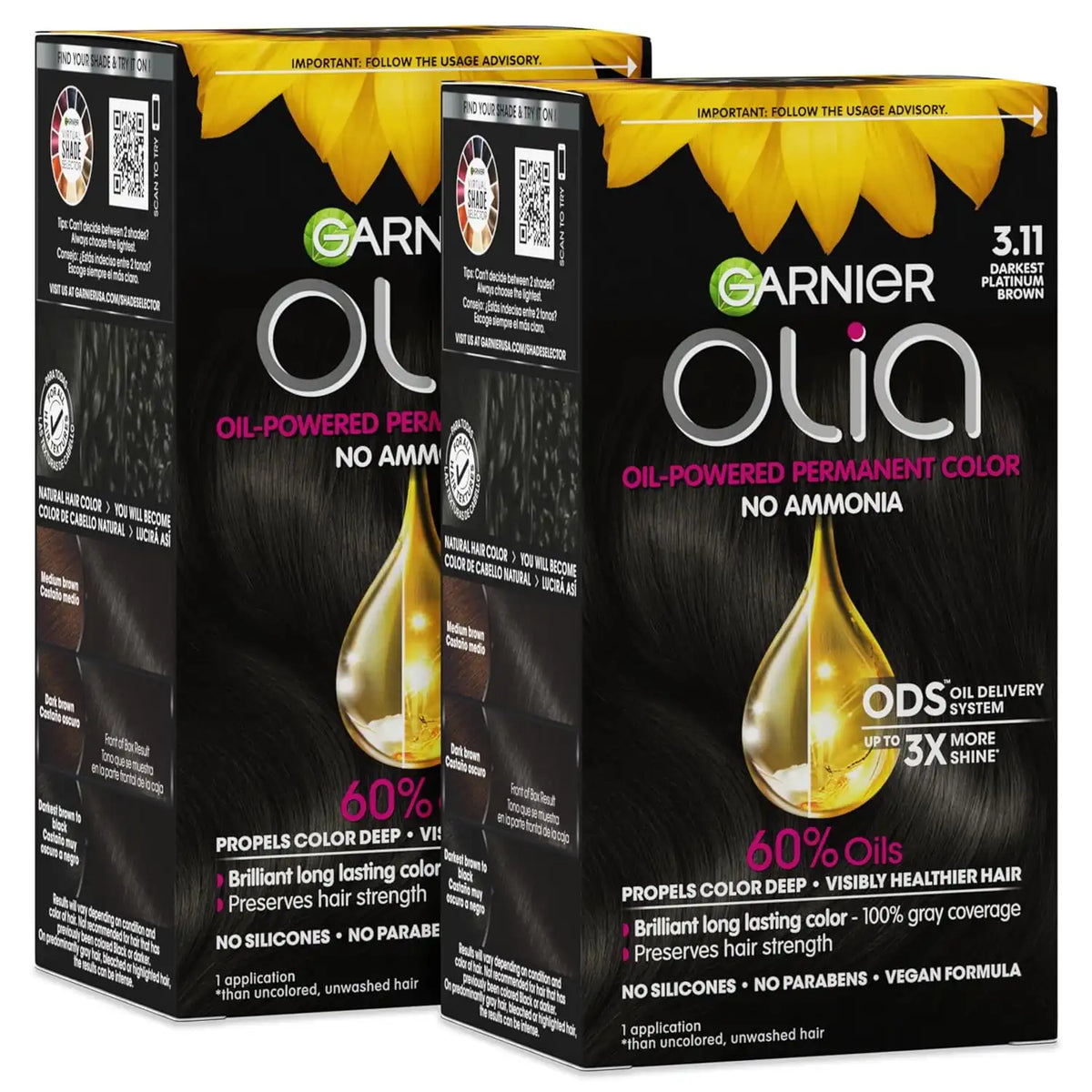 Garnier Hair Color Olia Ammonia-Free Brilliant Color Oil-Rich Permanent Hair Dye, 3.11 Darkest Platinum Brown, 1 Count (Packaging May Vary) (Pack of 2)