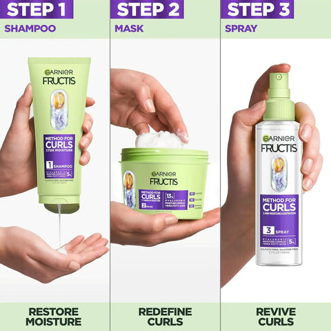 Garnier Fructis Method for Curls Moisture Refreshing Curl Activator, Curl Refresher Spray with up to 5% Hyaluronic Moisture Complex, Designed and Tested for 2C to 4C Curls and Coils, 12.5 fl oz