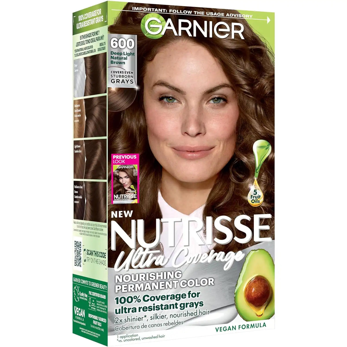 Garnier Nutrisse Ultra Coverage Hair Color, Permanent Hair Dye for Up to 8 Weeks of Stubborn Gray Coverage, Vegan & Cruelty-Free, 600 Deep Light Natural Brown (Spiced Hazelnut), 1 Count