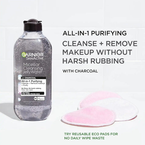 Garnier Skinactive Micellar Cleansing Jelly Water with Charcoal Purifying All in One Water, 2 Pack
