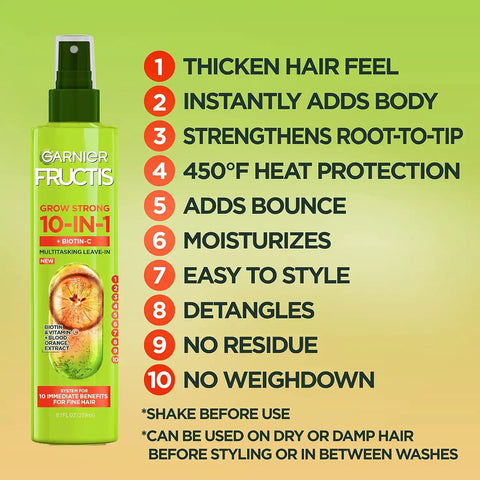 Garnier Fructis Grow Strong Thickening 10-in-1 Spray, Biotin-C, 8.1 Fl Oz, 1 Count (Packaging May Vary)