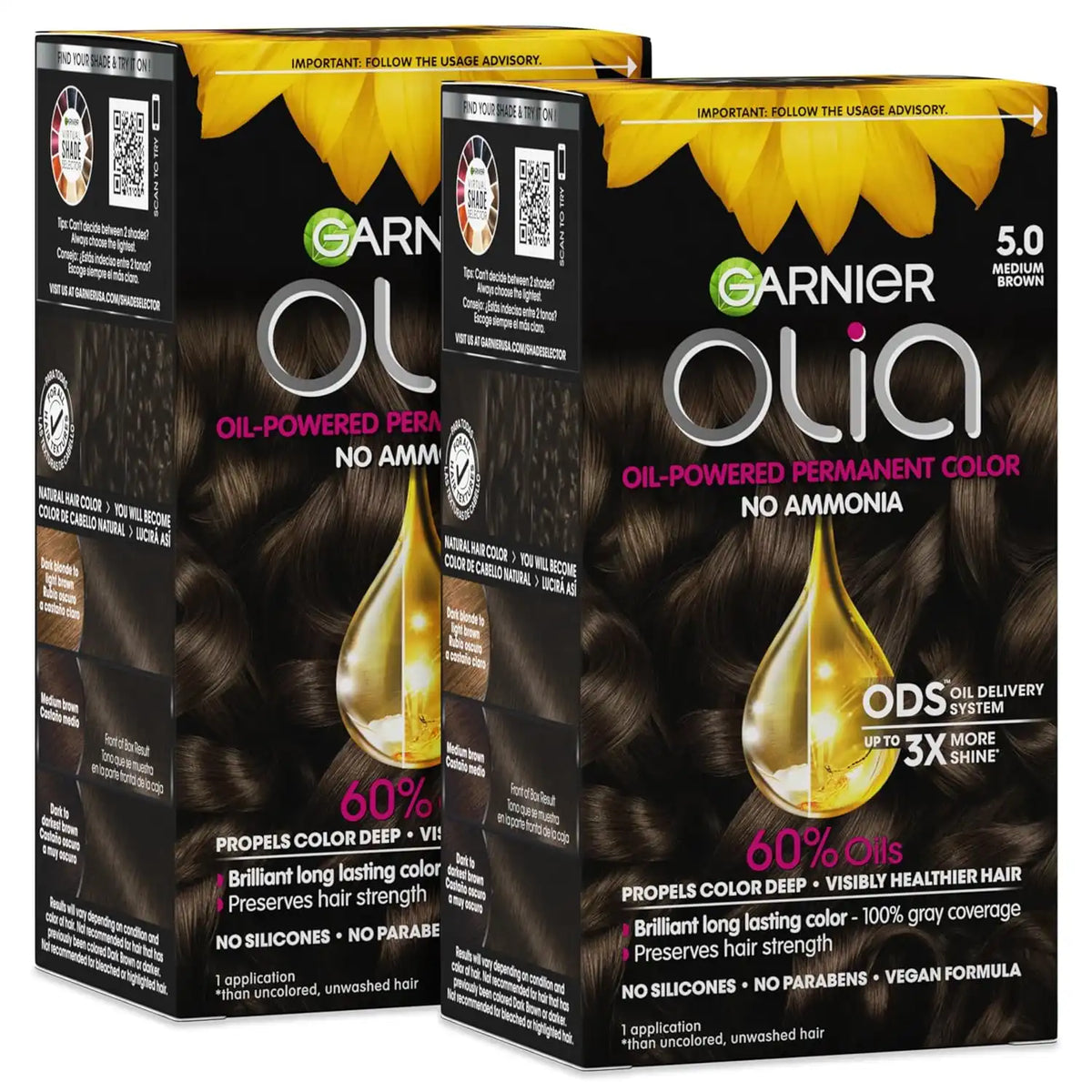 Garnier Olia Hair Color, Ammonia-Free Permanent Hair Dye, Oil-Powered Formula for 100% Gray Coverage and 3x Shinier Hair, Vegan & Cruelty Free, 5.0 Medium Brown, 2 Count