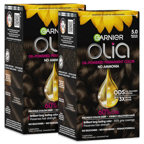 Garnier Olia Hair Color, Ammonia-Free Permanent Hair Dye, Oil-Powered Formula for 100% Gray Coverage and 3x Shinier Hair, Vegan & Cruelty Free, 5.0 Medium Brown, 2 Count