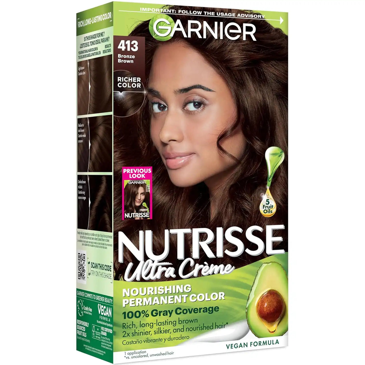 Garnier Nutrisse Ultra Crème Hair Color, Permanent Hair Dye with 100% Gray Coverage, Vegan & Cruelty-Free, 413 Bronze Brown (Bronze Sugar), 1 Count