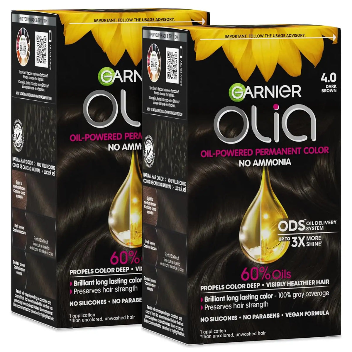 Garnier Olia Hair Color, Ammonia-Free Permanent Hair Dye, Oil-Powered Formula for 100% Gray Coverage and 3x Shinier Hair, Vegan & Cruelty Free, 4.0 Dark Brown, 2 Count