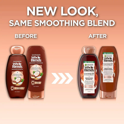 Garnier Whole Blends Smoothing Shampoo and Conditioner Set, Coconut Oil & Cocoa Butter for Frizzy Hair, Provides Up to 24HRs of Frizz & Humidity Control & Smoothness, Vegan Formula, 44 Fl Oz Set