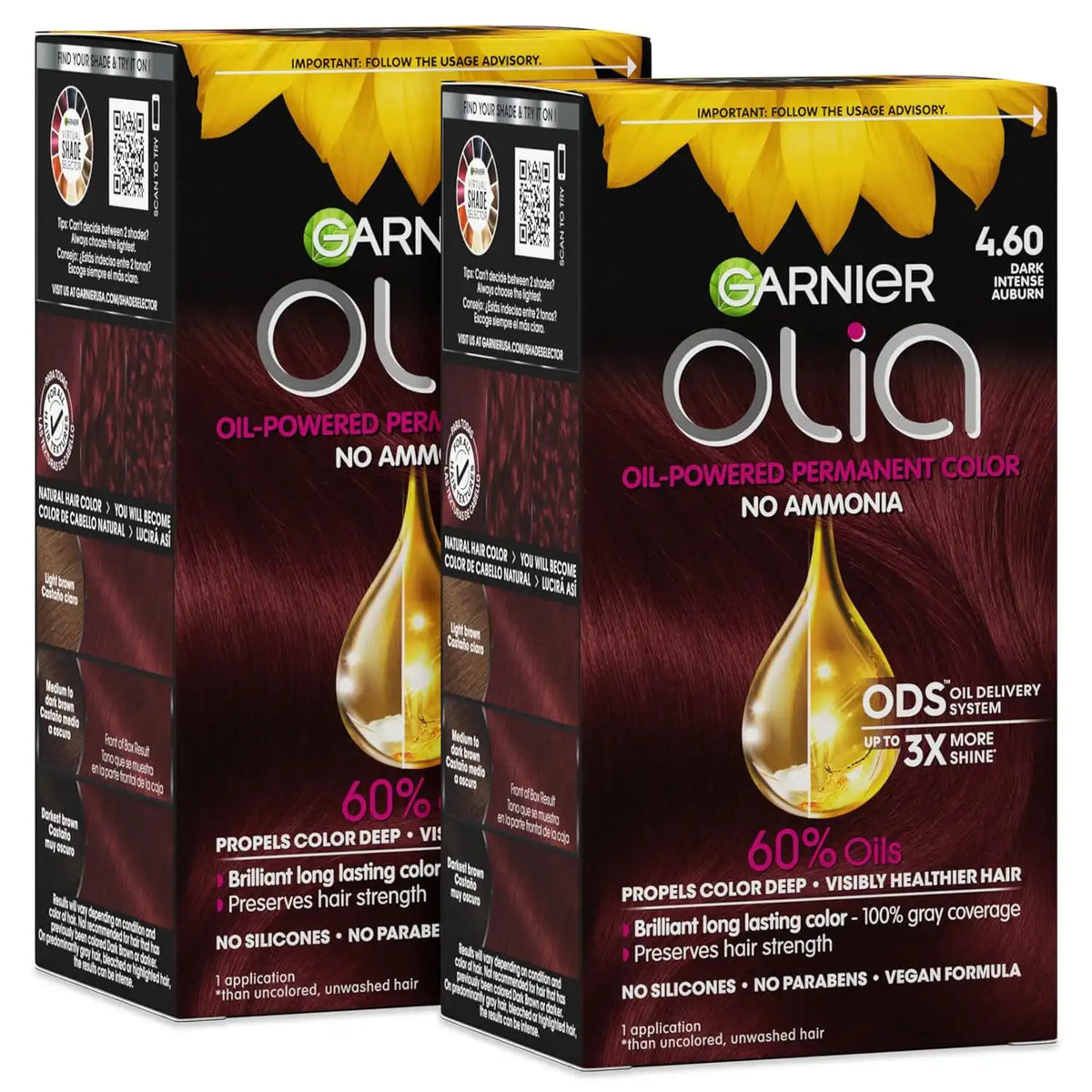 Garnier Olia Hair Color, Ammonia-Free Permanent Hair Dye, Oil-Powered Formula for 100% Gray Coverage and 3x Shinier Hair, Vegan & Cruelty Free, 4.60 Dark Intense Auburn, 2 Count