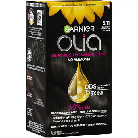Garnier Olia Hair Color, Ammonia-Free Permanent Hair Dye, Oil-Powered Formula for 100% Gray Coverage and 3x Shinier Hair, Vegan & Cruelty Free, 3.11 Darkest Platinum Brown, 1 Count