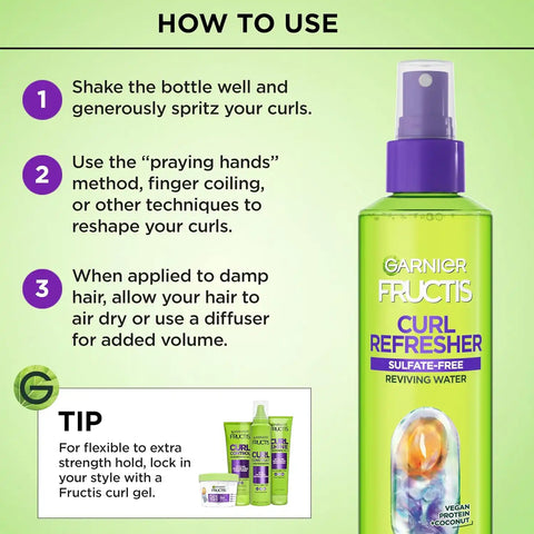 Garnier Fructis Curl Refresher Reviving Water Spray, Sulfate Free, 8.5 Fl Oz, 2 Count (Packaging May Vary)