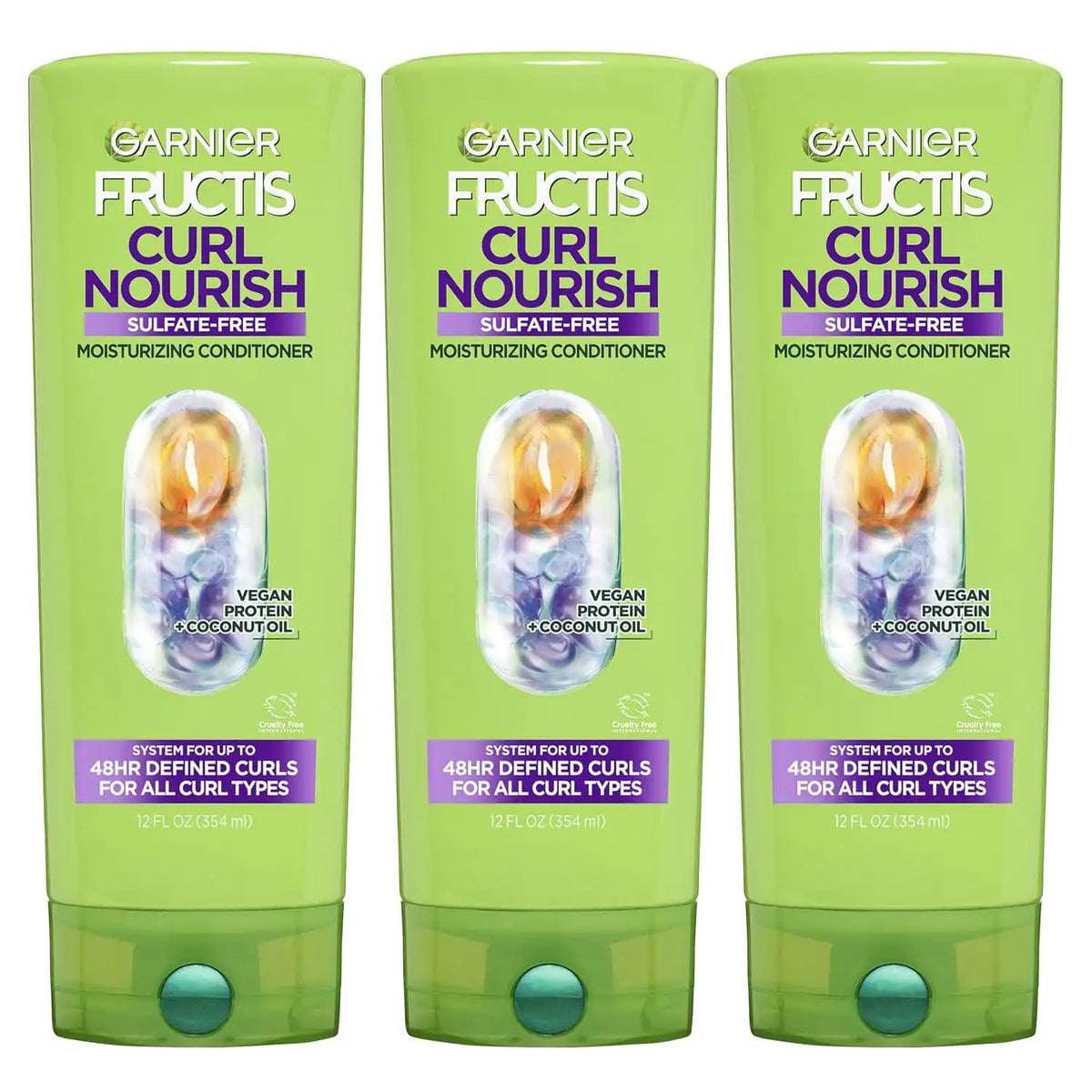 Garnier Fructis Curl Nourish Moisturizing Conditioner for Curly Hair, Plant Protein and Coconut Oil Formula, Up to 48HR of Curl Definition, Sulfate Free & Vegan, 12 Fl Oz, 3 Count (Packaging May Vary)