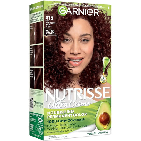 Garnier Nutrisse Ultra Crème Hair Color, Permanent Hair Dye with 100% Gray Coverage, Vegan & Cruelty-Free, 415 Soft Mahogany Dark Brown (Raspberry Truffle), 1 Count