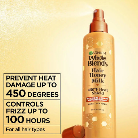 Garnier Whole Blends Hair Honey Milk 450F Heat Protectant Spray, For All Hair Types With Up To 100 Hrs of Frizz Control, 8.5 Fl Oz, 2 Count