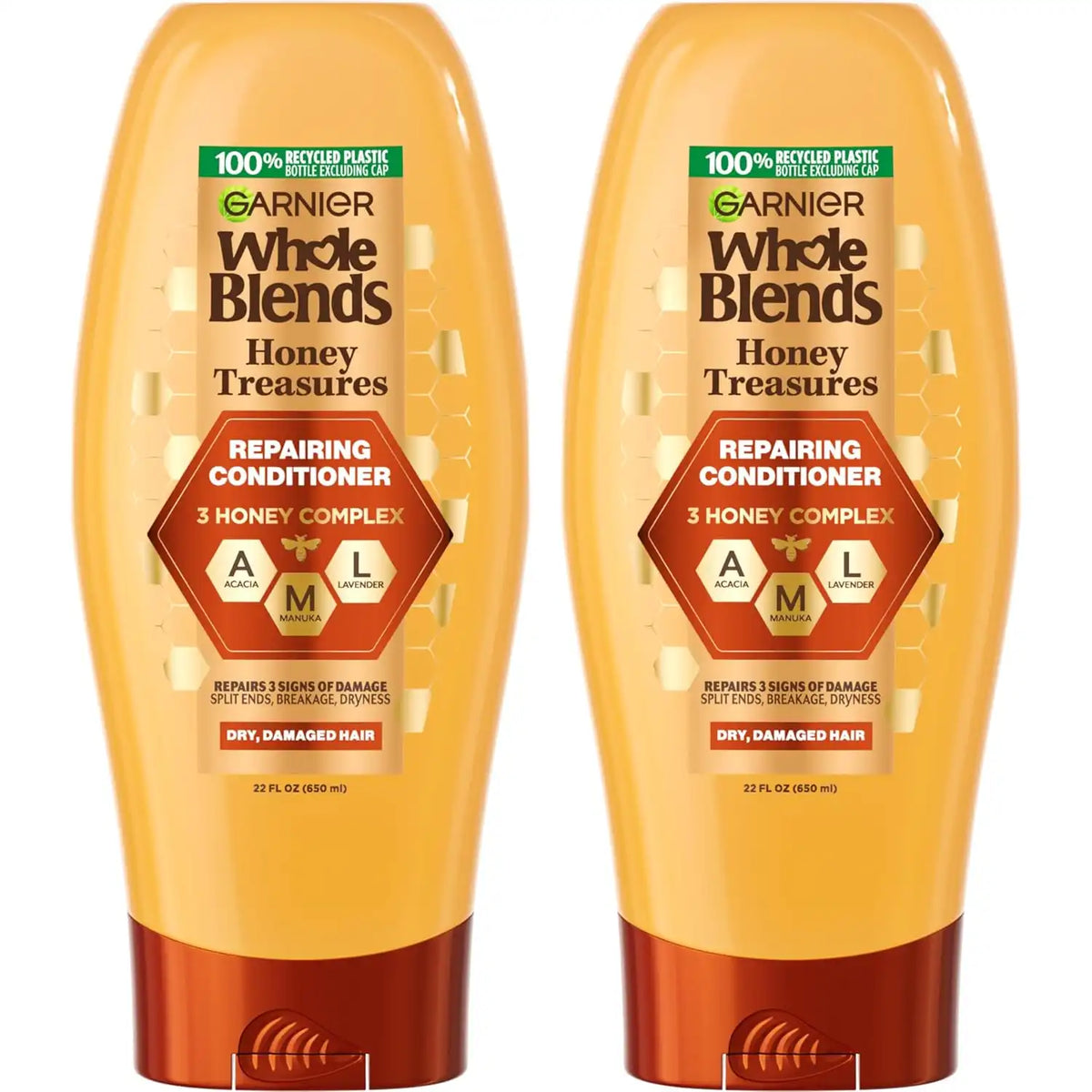 Garnier Whole Blends Honey Treasures Repairing Conditioner, for Dry, Damaged Hair, 22 Fl Oz, 2 Count (Packaging May Vary)