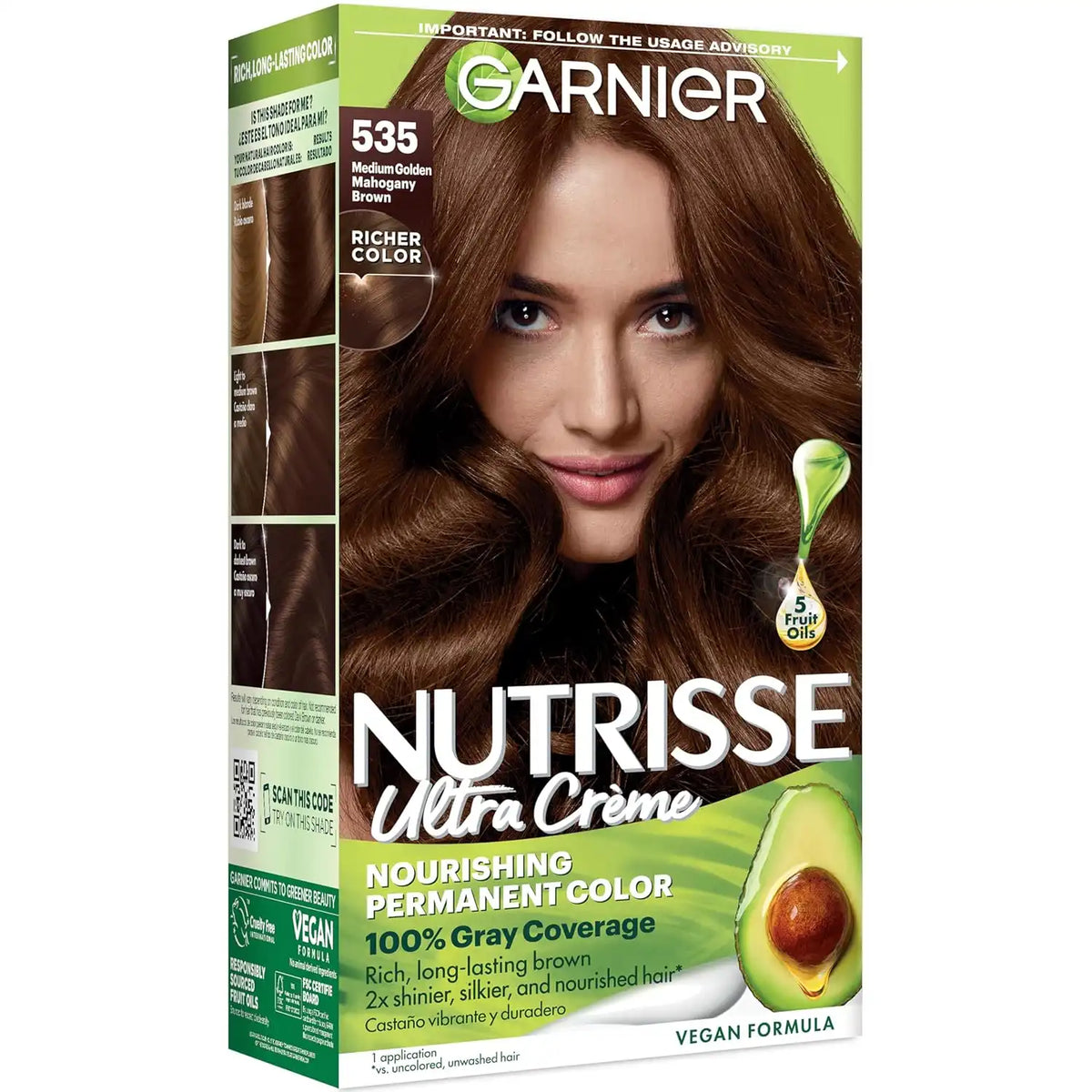 Garnier Nutrisse Ultra Crème Hair Color, Permanent Hair Dye with 100% Gray Coverage, Vegan & Cruelty-Free, 535 Medium Gold Mahogany Brown (Chocolate Caramel), 1 Count