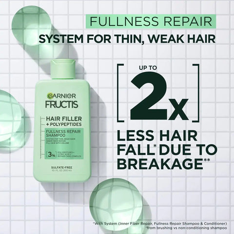 Garnier Fructis Hair Filler Bonding Pre-Shampoo + Fullness Repair Shampoo, Conditioner + Thickeing Spray Set with Polypeptides (4 Items), 1 Kit