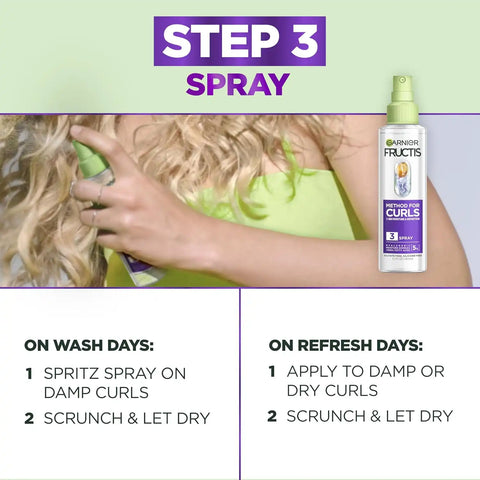 Garnier Fructis Method for Curls Moisture Refreshing Curl Activator, Curl Refresher Spray with up to 5% Hyaluronic Moisture Complex, Designed and Tested for 2C to 4C Curls and Coils, 12.5 fl oz