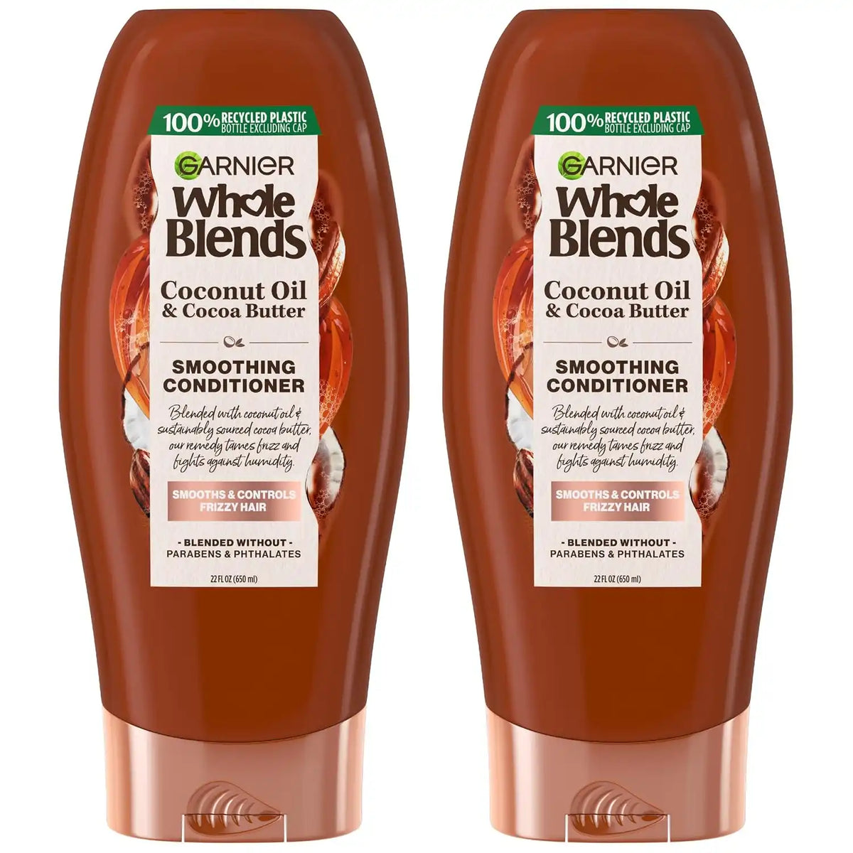 Garnier Whole Blends Smoothing Conditioner with Coconut Oil & Cocoa Butter for Frizzy Hair, Provides Up to 24 Hours of Anti-Frizz, Humidity Control and Smoothness, Vegan Formula, 22 fl oz, 2 Count