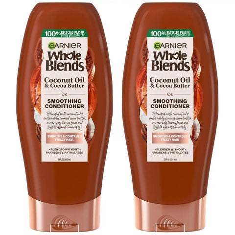 Garnier Whole Blends Smoothing Conditioner with Coconut Oil & Cocoa Butter for Frizzy Hair, Provides Up to 24 Hours of Anti-Frizz, Humidity Control and Smoothness, Vegan Formula, 22 fl oz, 2 Count