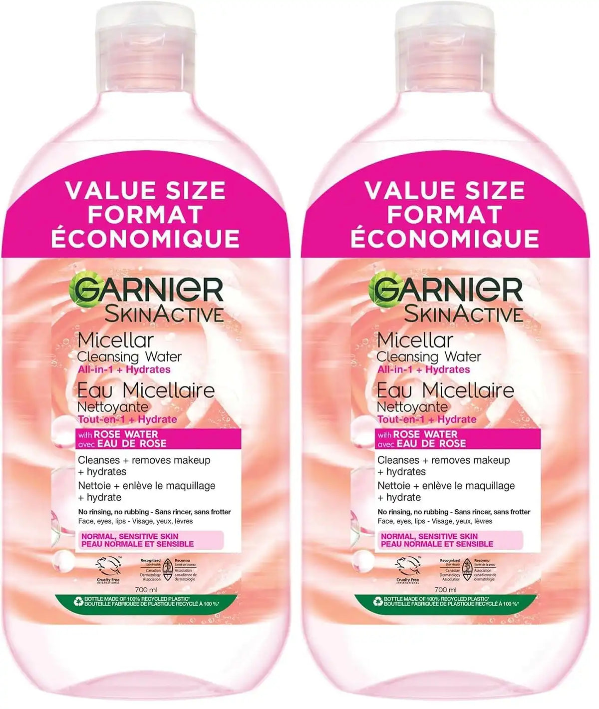 Garnier Micellar Water with Rose Water and Glycerin,Hydrating Facial Cleanser & Makeup Remover,For All Skin Types,Vegan,Cruelty Free,23.7 Fl Oz (700mL),(Pack of 2)