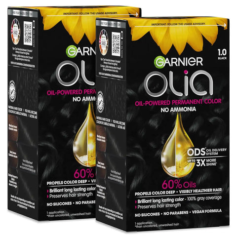 Garnier Olia Hair Color, Ammonia-Free Permanent Hair Dye, Oil-Powered Formula for 100% Gray Coverage and 3x Shinier Hair, Vegan & Cruelty Free, 1.0 Black, 2 Count