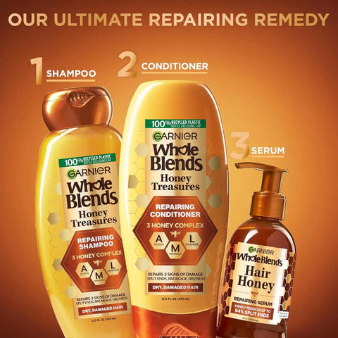Garnier Whole Blends Honey Treasures Repairing Shampoo & Conditioner 22 Fl Oz each + Hair Serum (5.1 Fl Oz) for Dry, Damaged Hair (Bundle of 4 Items)