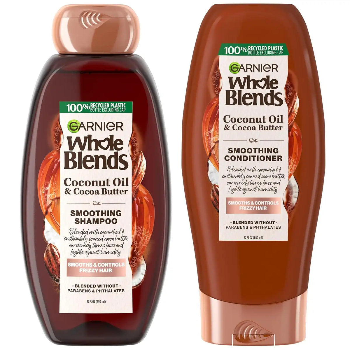 Garnier Whole Blends Smoothing Shampoo and Conditioner Set, Coconut Oil & Cocoa Butter for Frizzy Hair, Provides Up to 24HRs of Frizz & Humidity Control & Smoothness, Vegan Formula, 44 Fl Oz Set