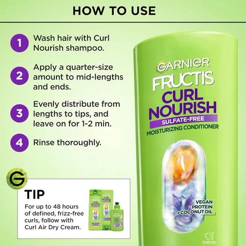 Garnier Fructis Curl Nourish Moisturizing Conditioner for Curly Hair, Plant Protein and Coconut Oil Formula, Up to 48HR of Curl Definition, Sulfate Free & Vegan, 21 Fl Oz, 2 Count (Packaging May Vary)