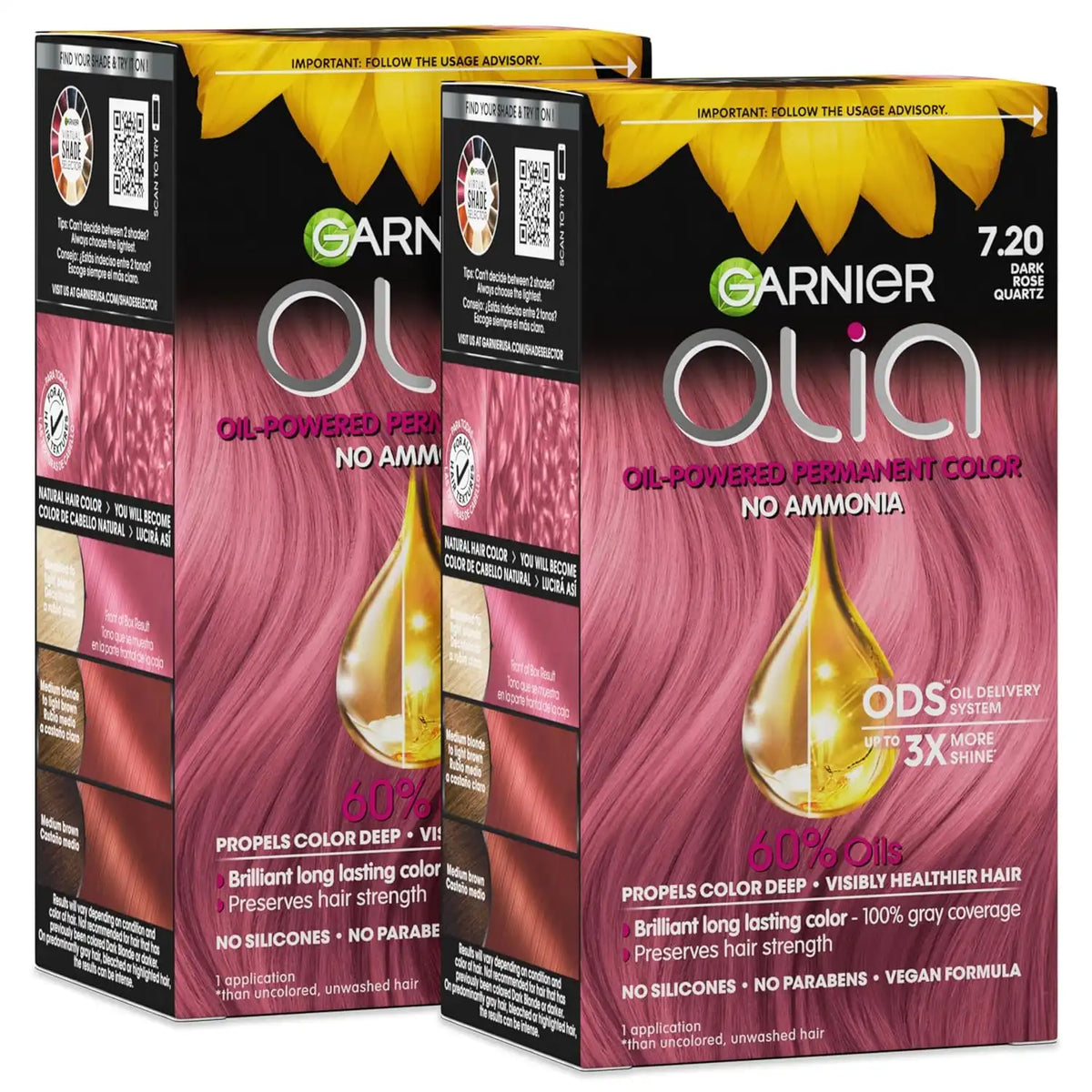 Garnier Olia Hair Color, Ammonia-Free Permanent Hair Dye, Oil-Powered Formula for 100% Gray Coverage and 3x Shinier Hair, Vegan & Cruelty Free, 7.20 Dark Rose Quartz, 2 Count