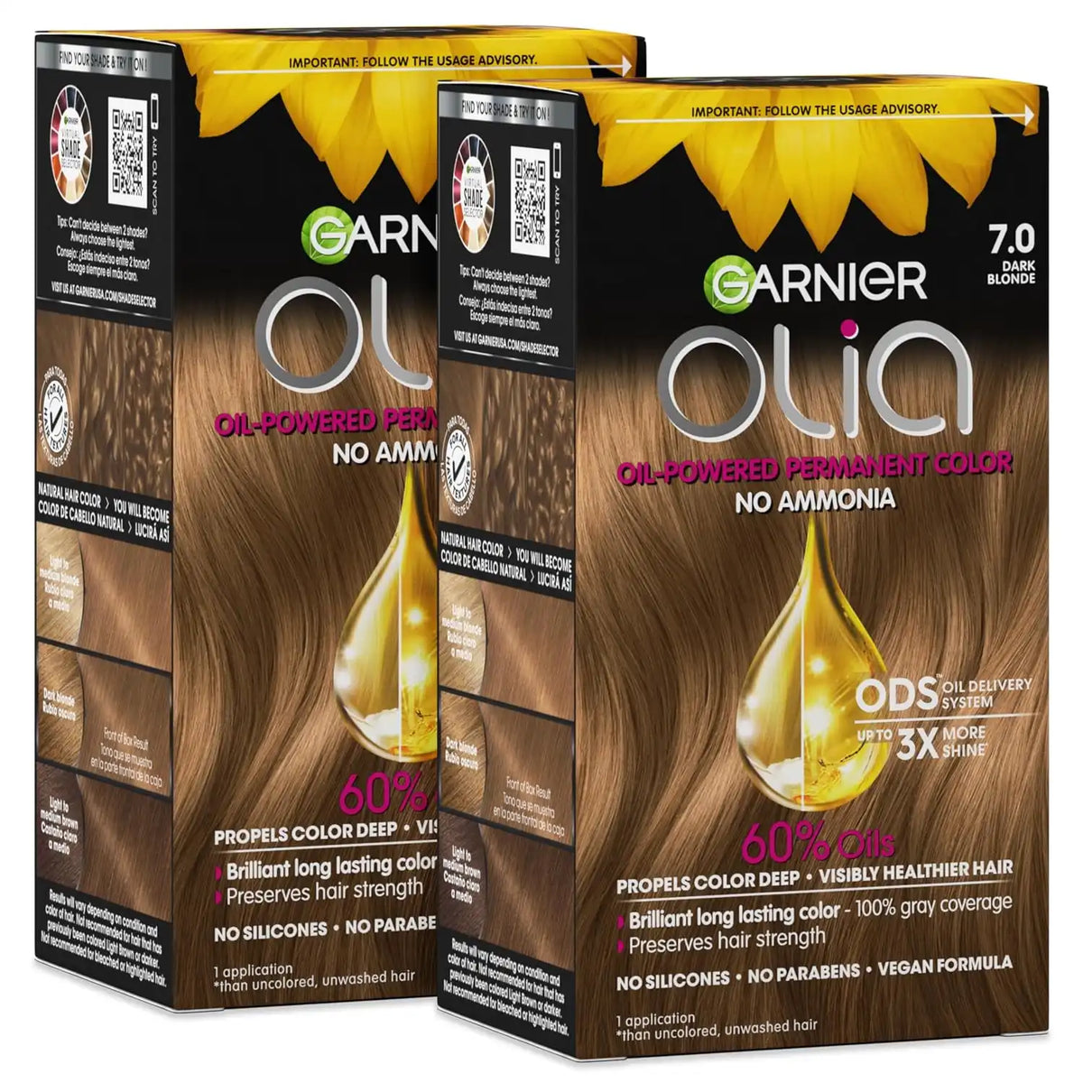 Garnier Olia Hair Color, Ammonia-Free Permanent Hair Dye, Oil-Powered Formula for 100% Gray Coverage and 3x Shinier Hair, Vegan & Cruelty Free, 7.0 Dark Blonde, 2 Count