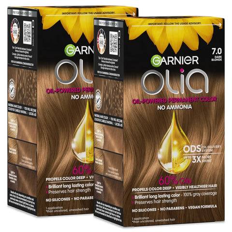 Garnier Olia Hair Color, Ammonia-Free Permanent Hair Dye, Oil-Powered Formula for 100% Gray Coverage and 3x Shinier Hair, Vegan & Cruelty Free, 7.0 Dark Blonde, 2 Count